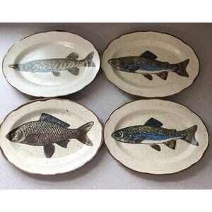 Enesco Pike Fish Oval Platter Vintage Speckled Brown Trim Serving Dish Fishing